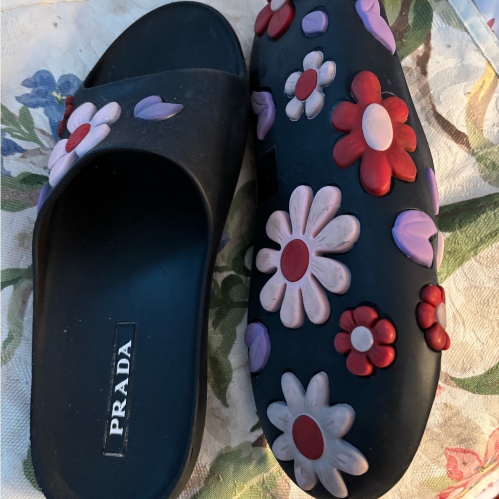 Prada Women's Black Floral Slides